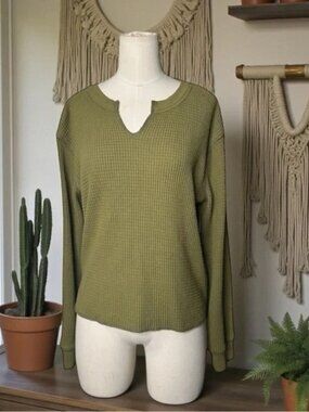 MADEWELL Waffle Split Neck Crop T-shirt In Vintage Moss Sz M